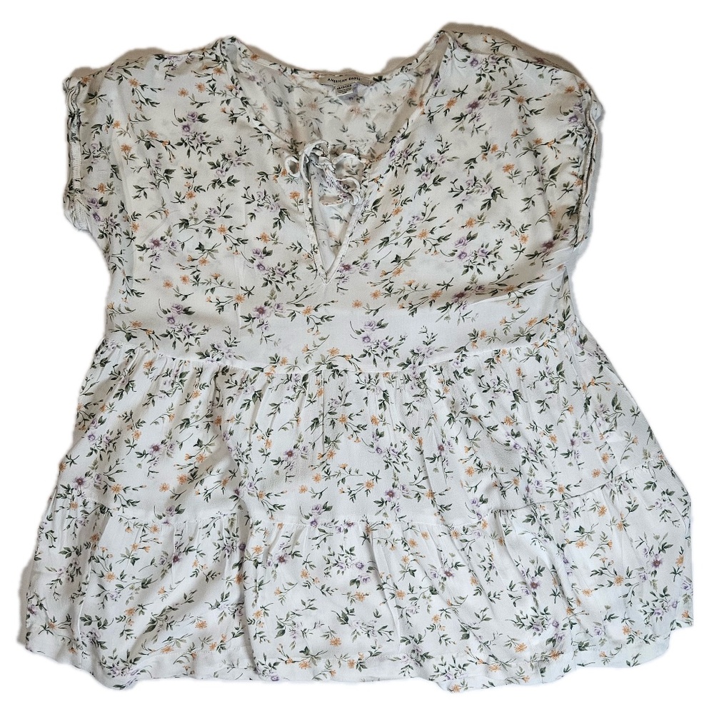 American Eagle Shirt Womens XS White‎ Floral Lace Up Peplum Babydoll Tiered Boho